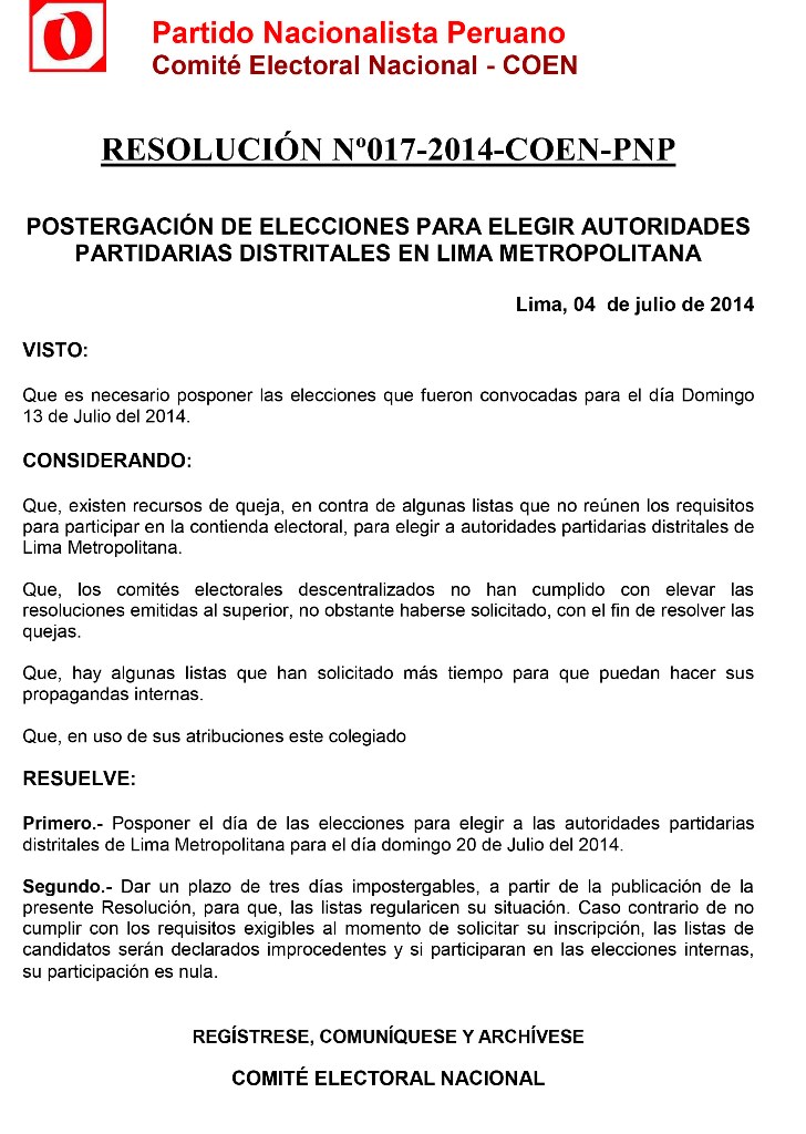 RESOLUCIÓN Nº017-2014-COEN-PNP